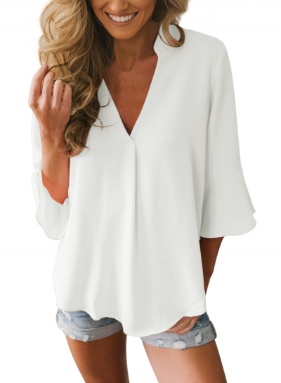 Casual Peplum Sleeve V Neck Loose Solid Color Blouse YOUYOUFASHIONEC.com