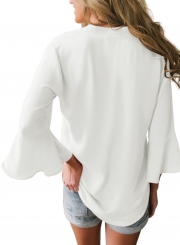 Casual Peplum Sleeve V Neck Loose Solid Color Blouse