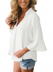 Casual Peplum Sleeve V Neck Loose Solid Color Blouse