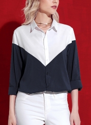 Turn-Down Collar Long Sleeve Color Block Button Down Shirt