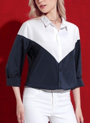 Turn-Down Collar Long Sleeve Color Block Button Down Shirt