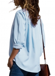 Casual V Neck Long Sleeve Loose Solid Color Blouse With Pockets