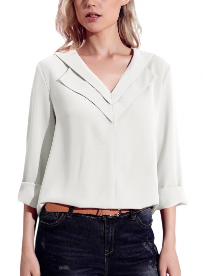 Casual V Neck Long Sleeve Loose Solid Color Blouse YOUYOUFASHIONEC.com