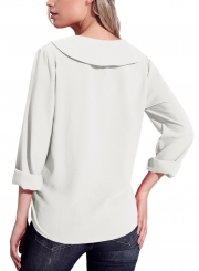 Casual V Neck Long Sleeve Loose Solid Color Blouse