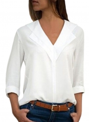 Casual V Neck Long Sleeve Loose Solid Color Blouse