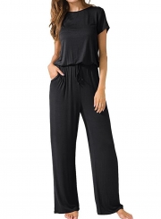 Black Round Neck Short Sleeve Elastic Waist Wide Leg Loose jumpsuit