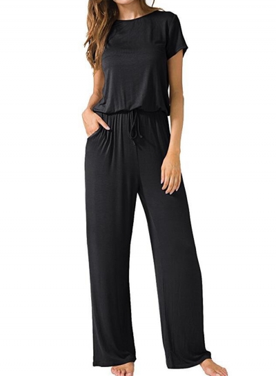 Black Round Neck Short Sleeve Elastic Waist Wide Leg Loose jumpsuit YOUYOUFASHIONEC.com