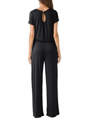 Black Round Neck Short Sleeve Elastic Waist Wide Leg Loose jumpsuit