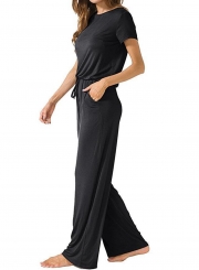 Black Round Neck Short Sleeve Elastic Waist Wide Leg Loose jumpsuit