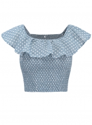 Sexy Off Shoulder Short Sleeve Slim Ruffle Polka Dot Crop Top