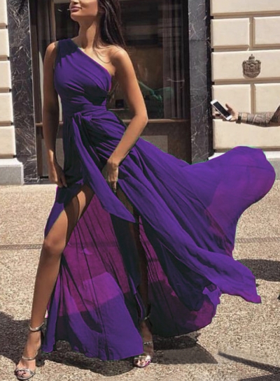 Sexy One Shoulder High Slit Swing Maxi Prom Dress With Belt