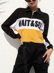 Yellow Casual Letters Print Long Sleeve Crop Top Loose Sweatshirt