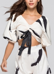 White Sexy Ink Print V Neck Lantern Sleeve Bow Tie Crop Top Loose Blouse