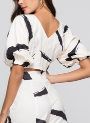 White Sexy Ink Print V Neck Lantern Sleeve Bow Tie Crop Top Loose Blouse