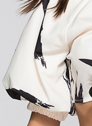 White Sexy Ink Print V Neck Lantern Sleeve Bow Tie Crop Top Loose Blouse
