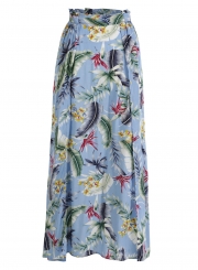 Light Blue Fashion Floral Printed High Waist High Slit Lace-up Women Long Skirt
