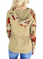 Khaki Casual Floral Print Long Sleeve Loose Hoodie With Pocket