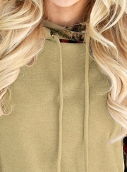 Khaki Casual Floral Print Long Sleeve Loose Hoodie With Pocket