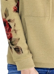Khaki Casual Floral Print Long Sleeve Loose Hoodie With Pocket