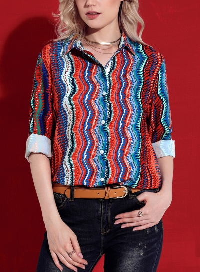 Mutil Women's Striped Long Sleeve Turn-Down Collar Loose Button Down Shirt