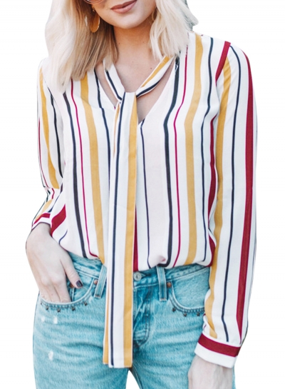 Yellow Casual Striped V Neck Long Sleeve Bow Top Loose Blouse LEXELFASHIONINTSHOPS.com