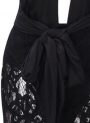 Black Fashion Sexy Lace Splicing Sleeveless V Neck Waist Tie Bodycon Dress