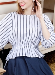 Blue&white Women's Striped Round Neck Half Sleeve Loose Blouse Top