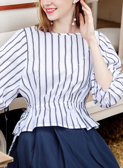 Blue&white Women's Striped Round Neck Half Sleeve Loose Blouse Top YOUYOUFASHIONEC.com