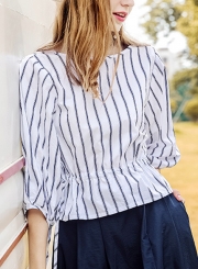 Blue&white Women's Striped Round Neck Half Sleeve Loose Blouse Top