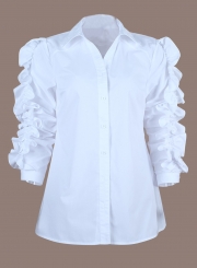 White Turn-Down Collar Long Sleeve Slim Ruffle Button Down Shirt