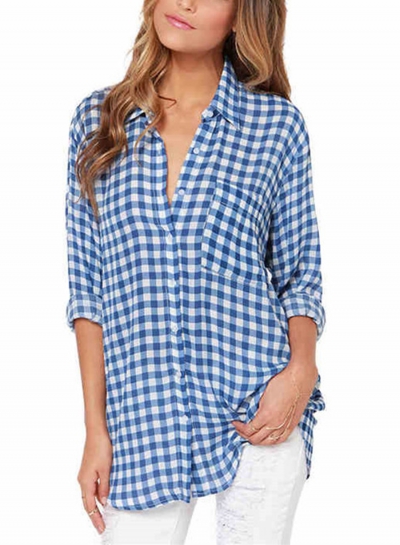 Summer Turn-Down Collar Long Sleeve Plaid Button Down Shirt YOUYOUFASHIONEC.com