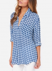 Summer Turn-Down Collar Long Sleeve Plaid Button Down Shirt