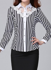 Striped Long Sleeve Turn-Down Collar Slim Lace Button Down Shirt