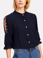 Half Sleeve Solid Color Button Down Shirt With Beading