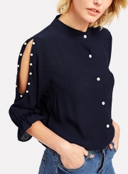 Half Sleeve Solid Color Button Down Shirt With Beading