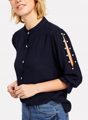 Half Sleeve Solid Color Button Down Shirt With Beading