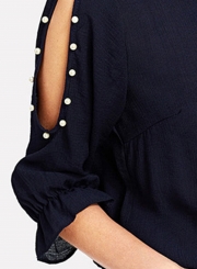 Half Sleeve Solid Color Button Down Shirt With Beading
