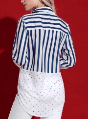 Striped Turn-Down Collar Long Sleeve High Low Button Down Shirt