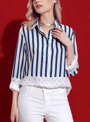 Striped Turn-Down Collar Long Sleeve High Low Button Down Shirt