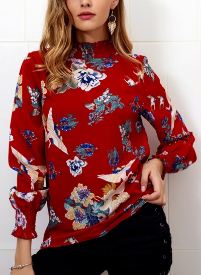 Burgundy Floral Print High Neck Long Sleeve Loose Pullover Blouse YOUYOUFASHIONEC.com