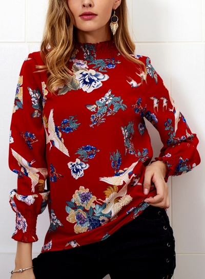 Burgundy Floral Print High Neck Long Sleeve Loose Pullover Blouse