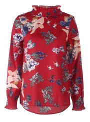 Burgundy Floral Print High Neck Long Sleeve Loose Pullover Blouse