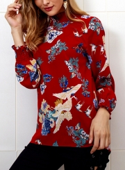 Burgundy Floral Print High Neck Long Sleeve Loose Pullover Blouse