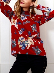 Burgundy Floral Print High Neck Long Sleeve Loose Pullover Blouse