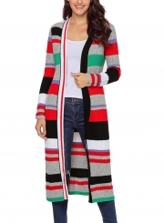 Green Casual Striped Long Sleeve Open Front Slim Long Cardigan