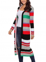 Green Casual Striped Long Sleeve Open Front Slim Long Cardigan