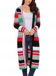 Green Casual Striped Long Sleeve Open Front Slim Long Cardigan