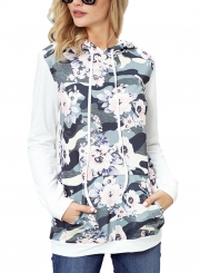 White Casual Floral Print Long Sleeve Color Block Loose Hoodie With Pocket