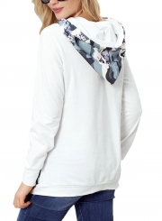 White Casual Floral Print Long Sleeve Color Block Loose Hoodie With Pocket