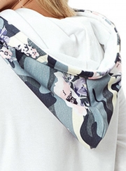 White Casual Floral Print Long Sleeve Color Block Loose Hoodie With Pocket